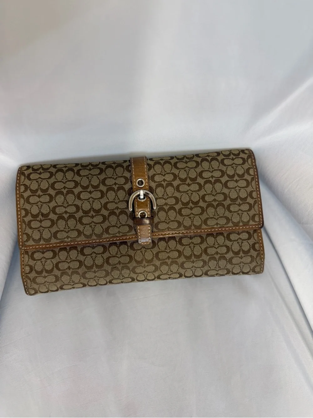 Vintage Coach Signature Jacquard Brown Buckle Trifold Wallet